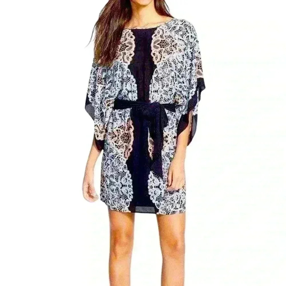 BCBG BLACK COMBO "LOIS" CREW NECK KIMONO DRESS SIZE XS